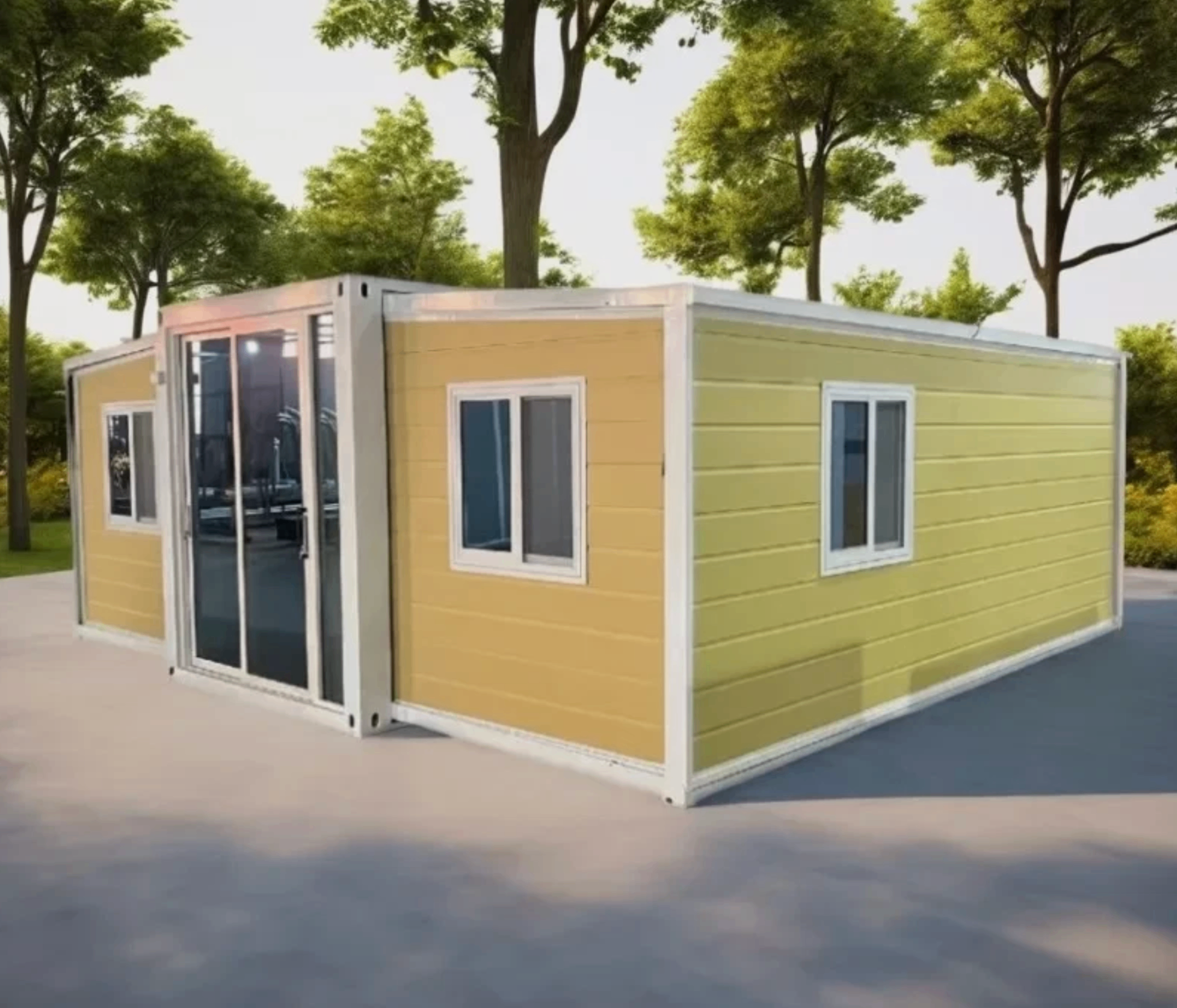 Yellow modular container home in landscaped outdoor setting
