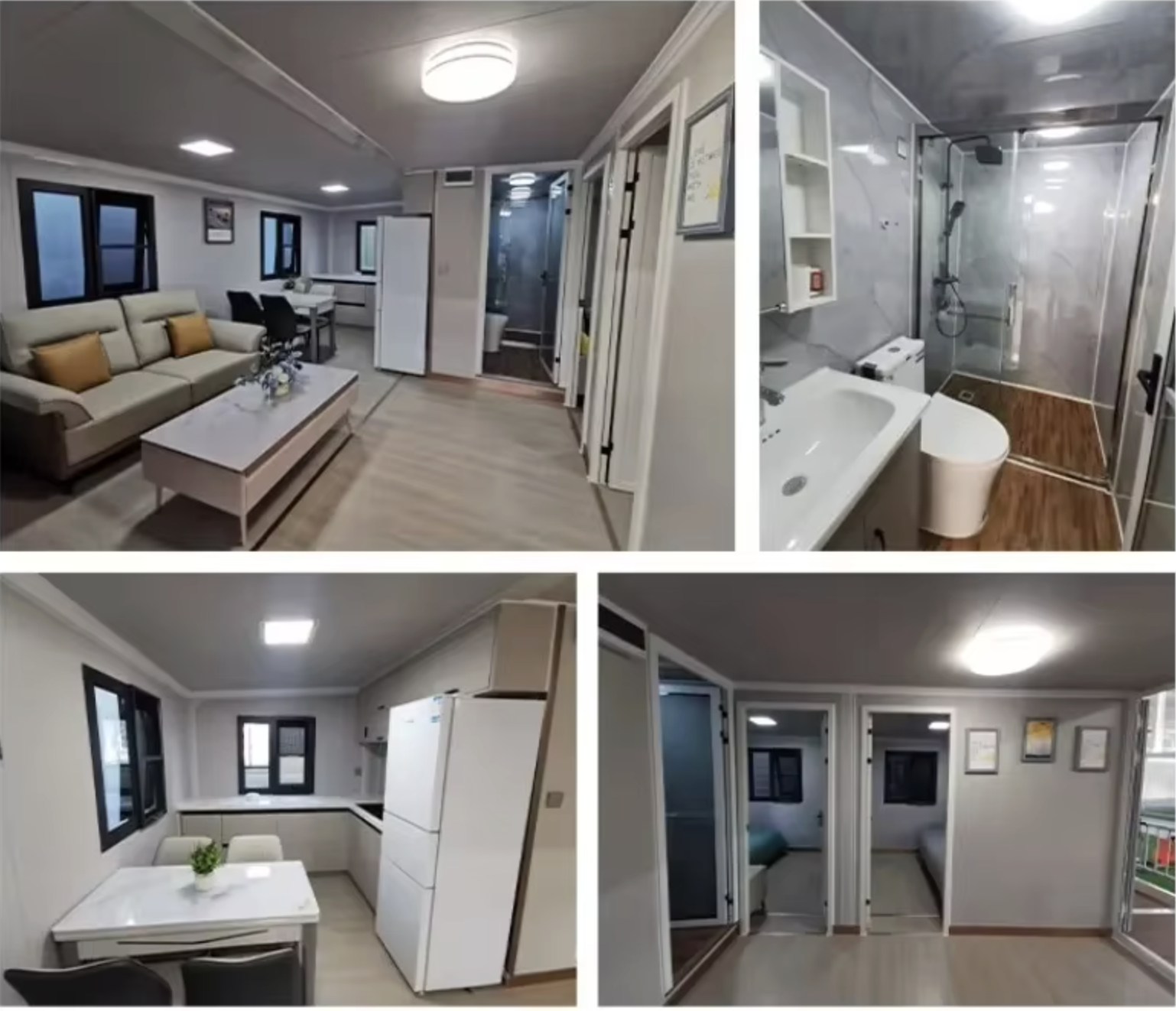 Modular home interior collage showing living room, bathroom, kitchen and hallway
