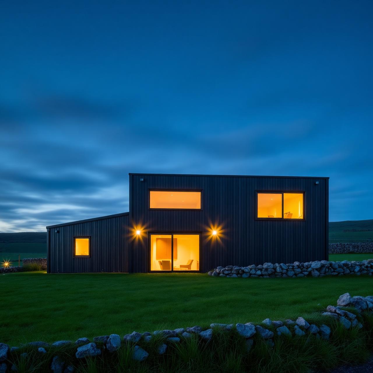 Modular home at night in Irish countryside with stone wall