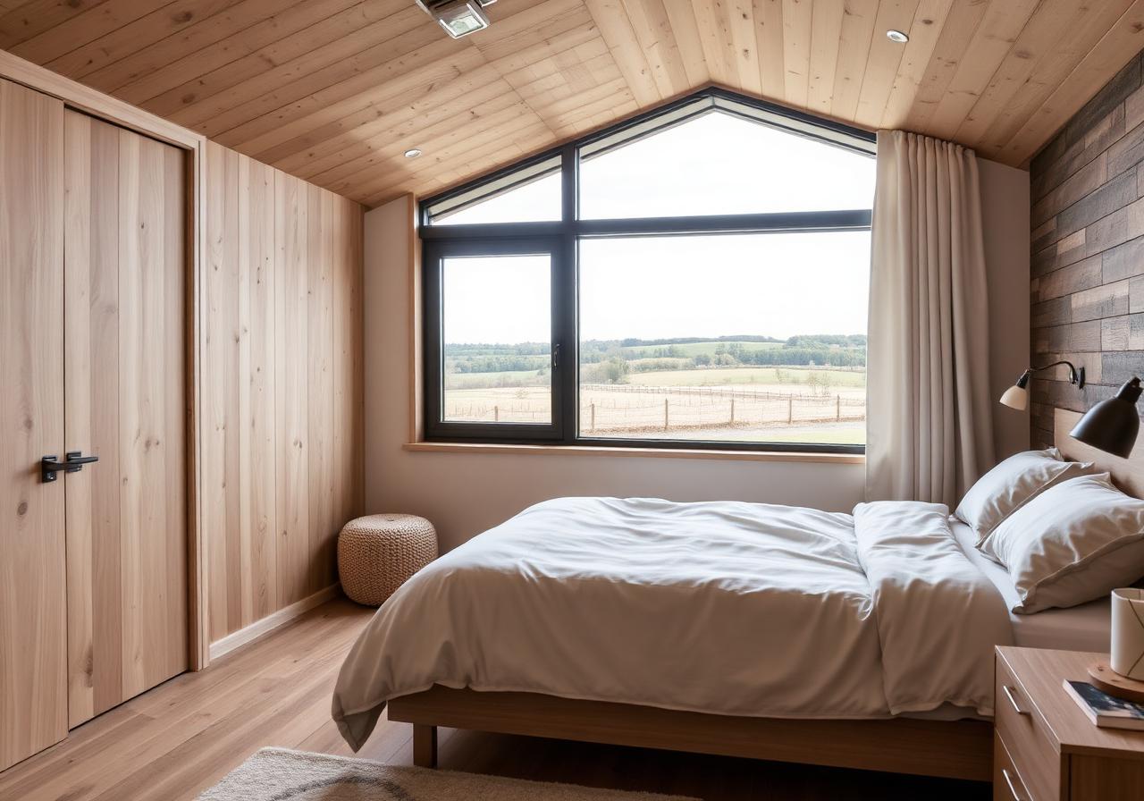 Bedroom interior of a modular home with Irish countryside view