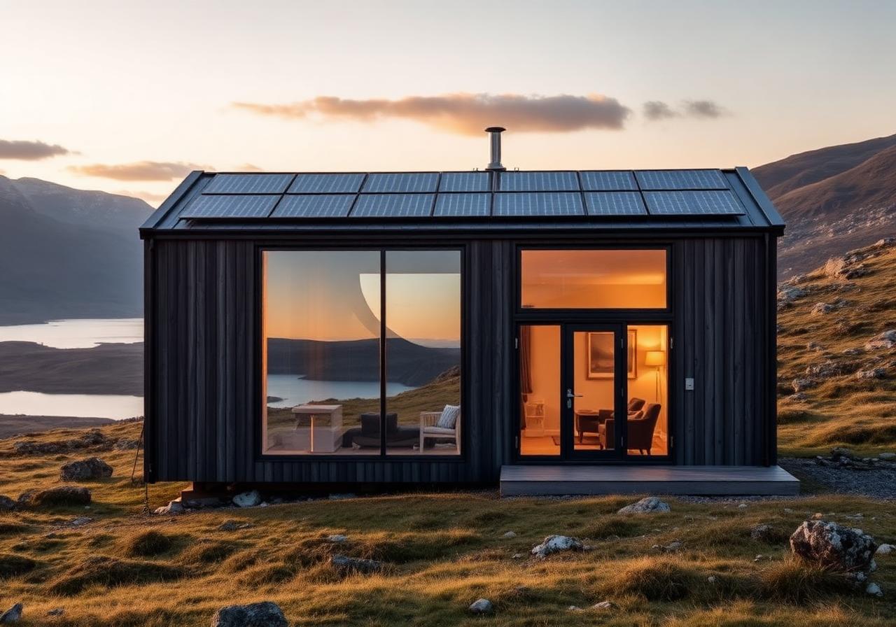 Off-grid modular cabin with solar panels in the west of Ireland